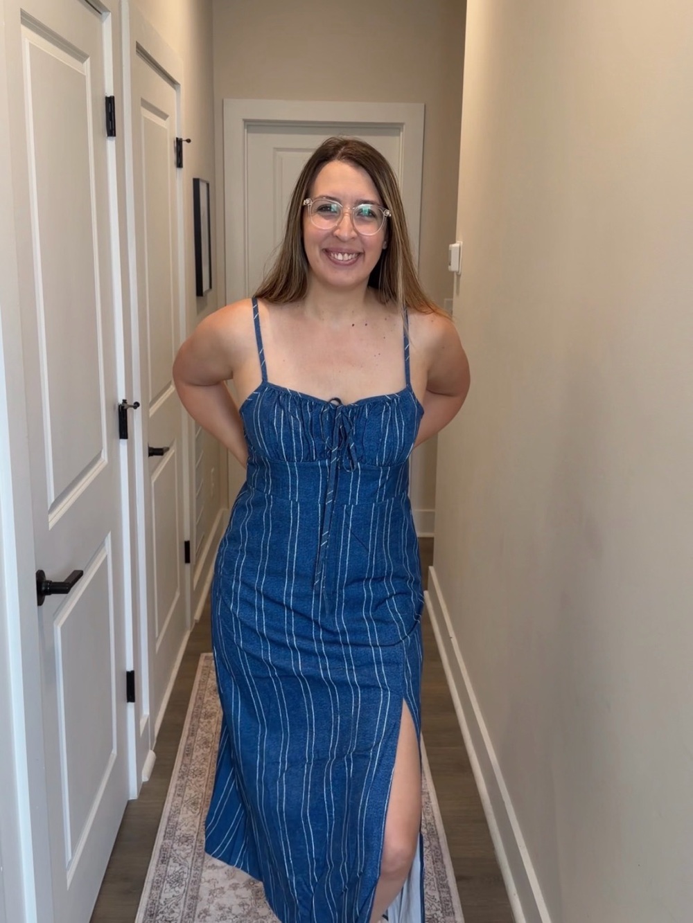 Amazon Blue Striped Midi Dress with Side Slit